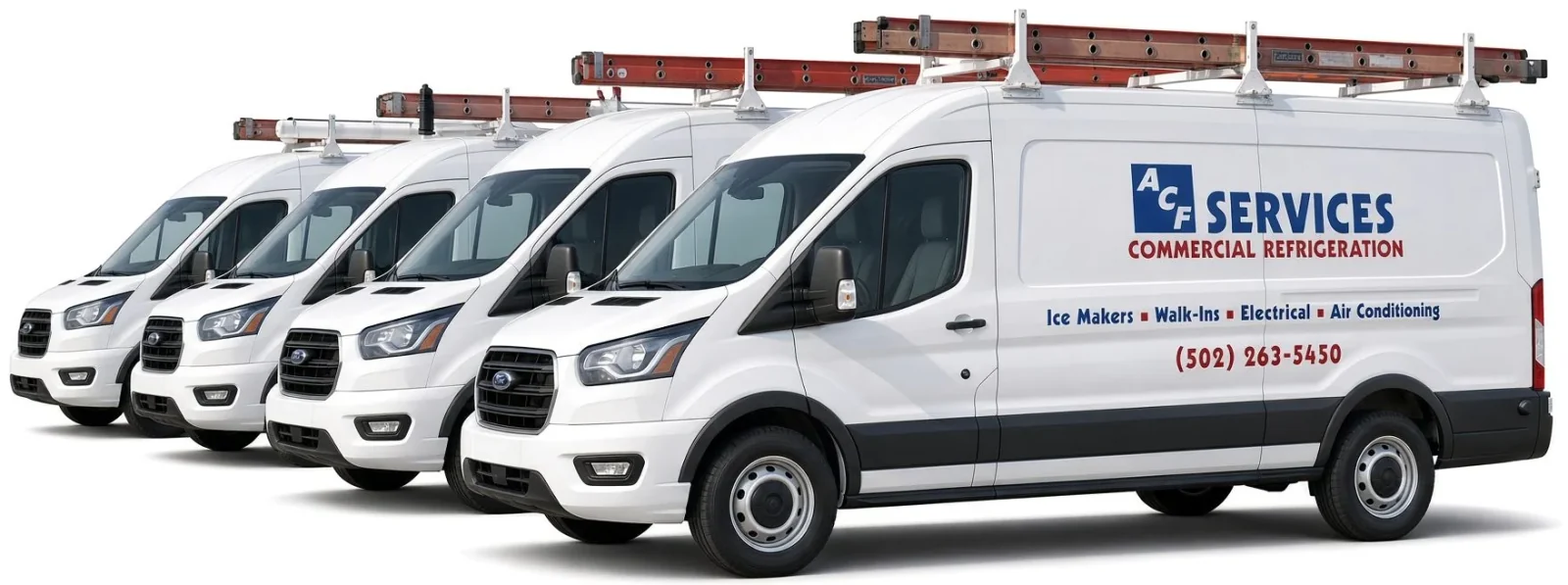 Four white ACF Services vans parked in a row, ladders on the roof racks